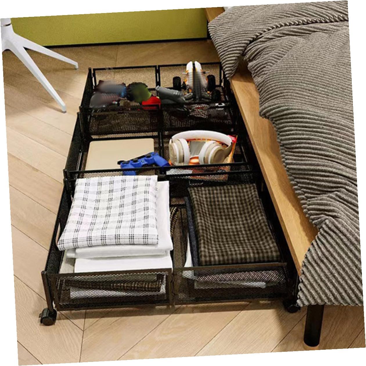 Unomor Bed Storage Drawers with Wheels, Foldable Flat Iron Frame Organizer, Black Patterned Underbed Storage for Clothes and Bedroom Space Saving