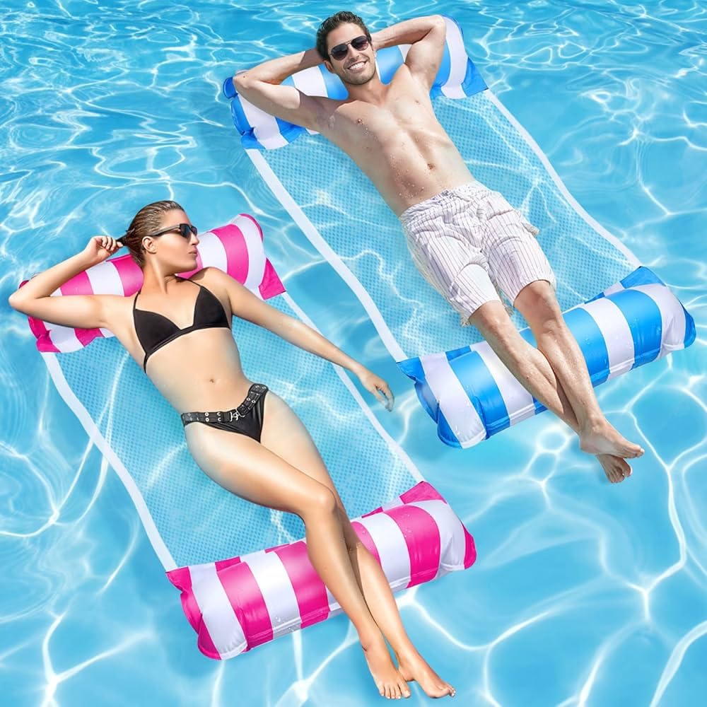 2 Pack Inflatable Pool Hammock, Pool Hammock Water Hammock for Adults, Water Floating Chair Bed, Relaxing Pool Lounge Inflatable Floats Summer Holiday with Air Pump (Blue, Pink) — image 1