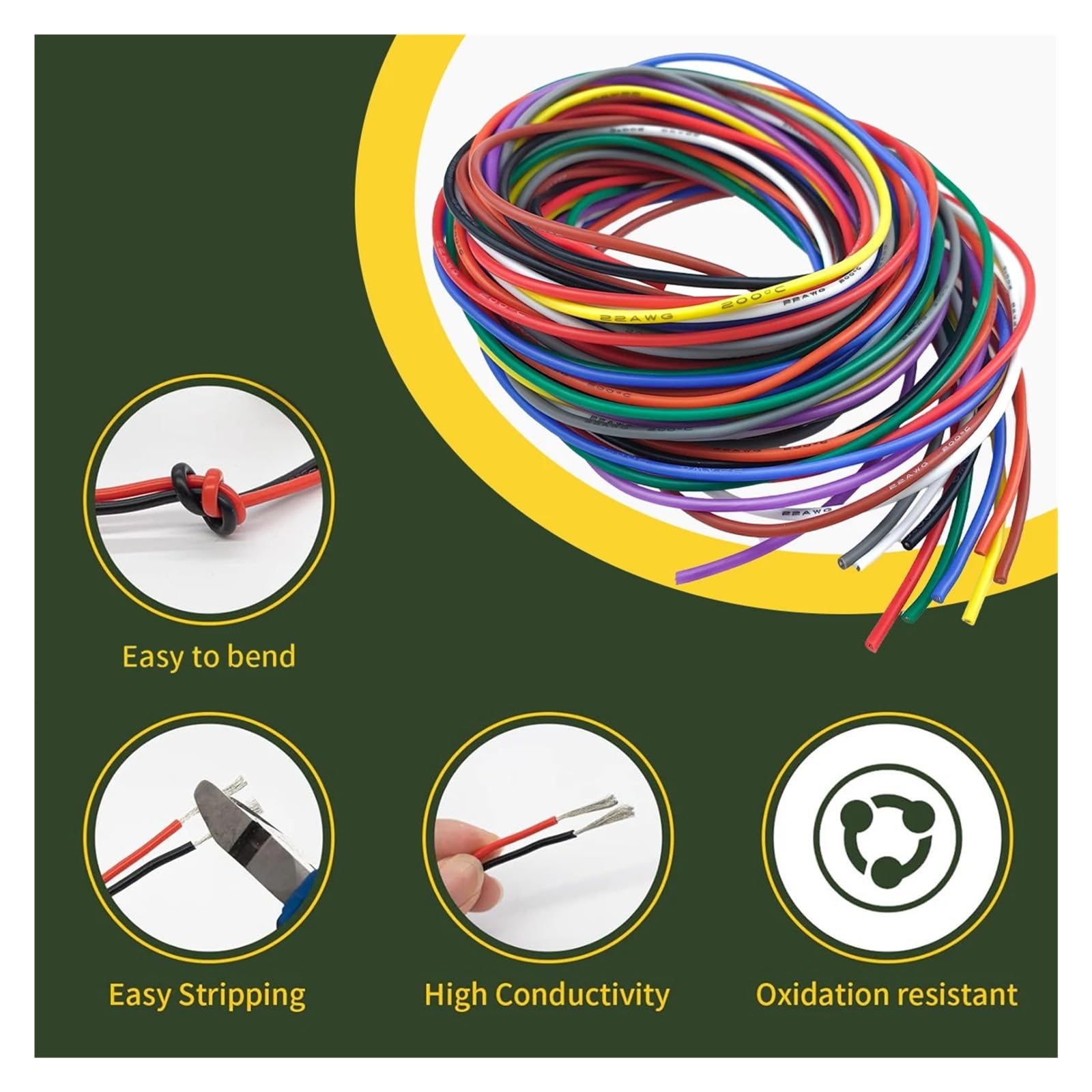 Cable eléctrico de silicona de calibre 16-18-20-22-24-26-28-30, 10 colores, pies cada color, 22 AWG, Kit de conexión de cobre estañado trenzado(18AWG)