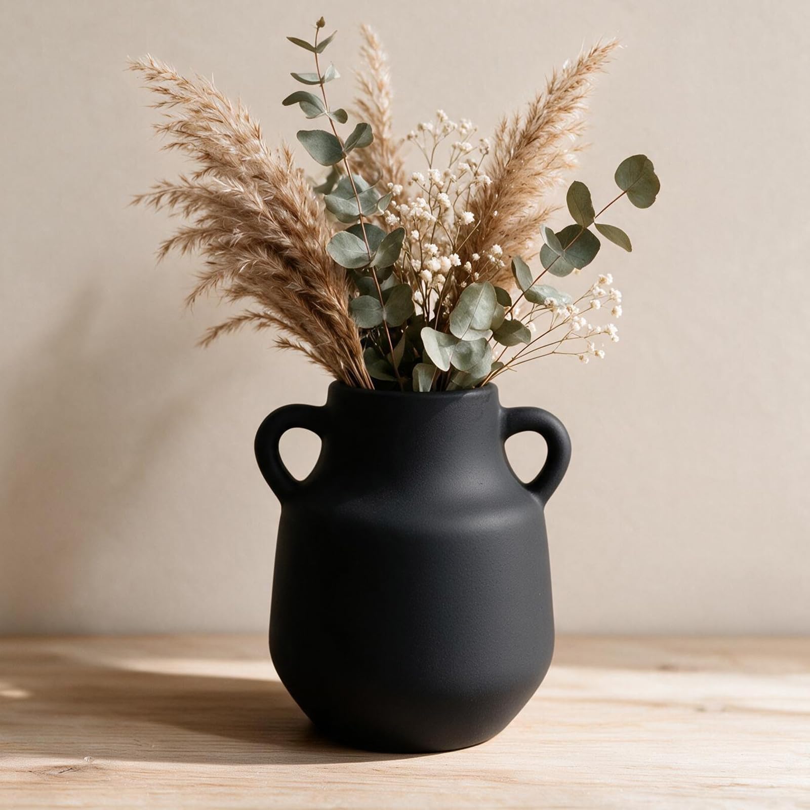 Vase en Céramique avec 2 Anses,Décoratif Vases,9×11.5×19.5 cm,Noir
