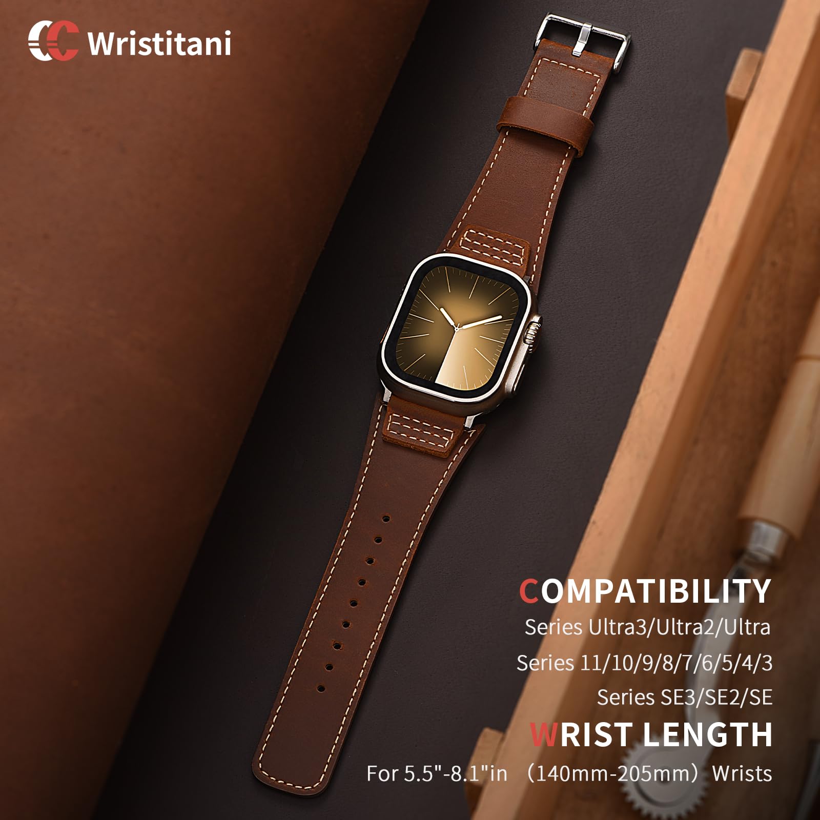 Wristitani Compatible avec Apple Watch Bracelet Cuir 44mm 45mm 46mm 42mm 49mm 40mm 41mm 38mm, Smartwatch Bracelets de Remplacement Femmes Hommes pour iWatch Ultra 2 Série 10 9 8 7 SE 6 5 4 3 2 1