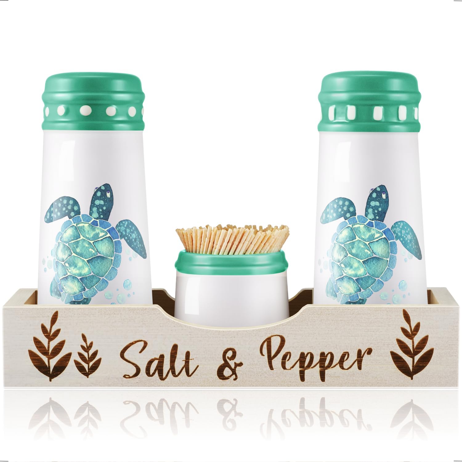 Turtle Salt and Pepper Shakers with Holder - Beach Salt Pepper shaker Set w Toothpick Jar, Farmhouse Cute Kitchen Decor Accessories for Kitchen Counter Dining Table, Unique Coastal Collectable Gifts