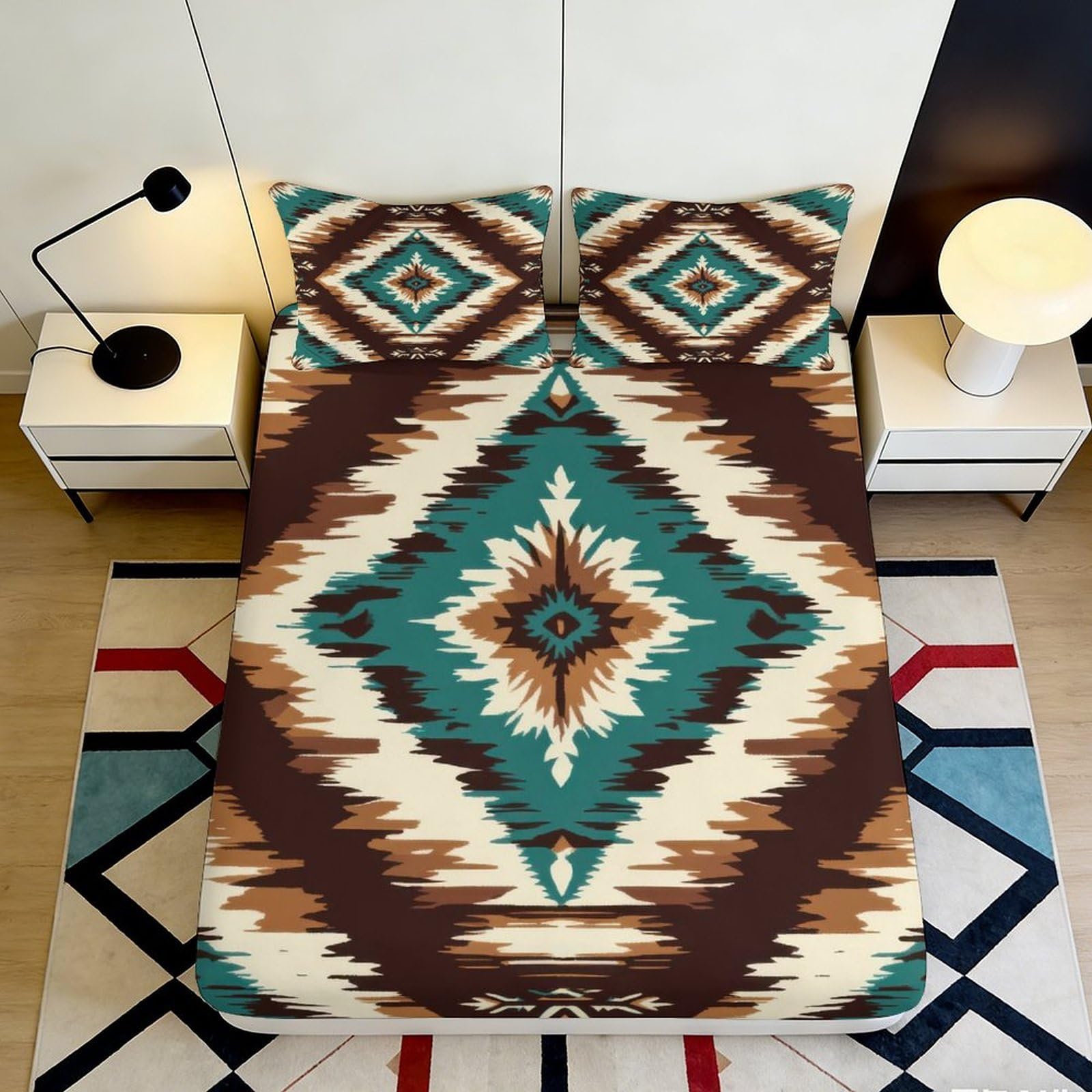 3D Printed Aztec Geometric Fitted Sheet Microfiber Soft Breathable Southwest Tribal Mattress Cover for Bedroom Dorm Mattress Protection Decor 120x200x25cm