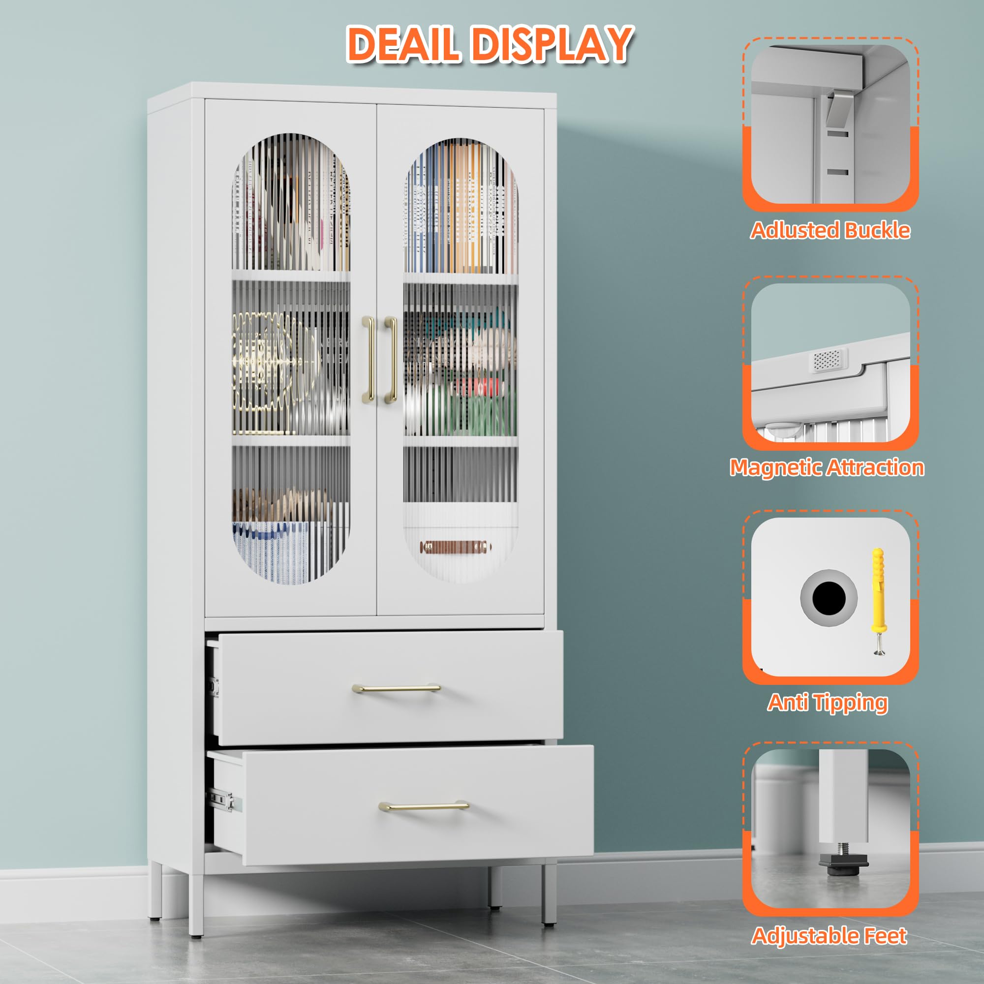 Aobabo Metal Office -Akten Speicherschrank mit 2 Schubladen und 2 einstellbaren Regalen - 155 cm hohe Glasentüren weißer Lagerschrank, 3 -stufige hohe Stahlschränke für Wohnzimmer, Büro, Büro