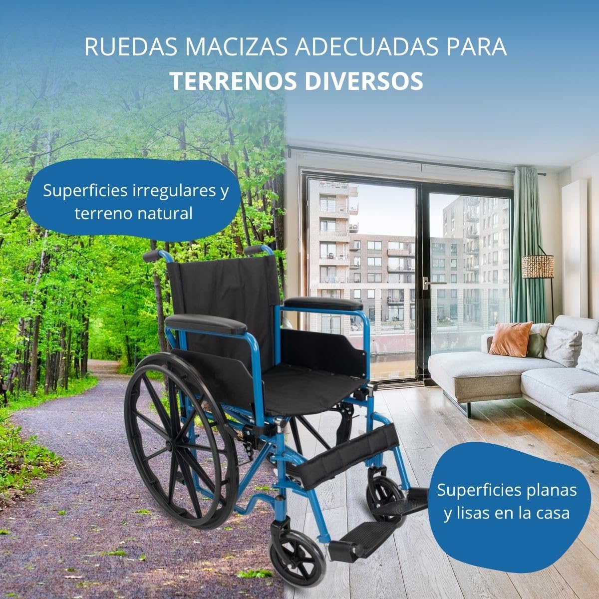 Mobiclinic®, Silla de ruedas plegable, Autopropulsable, Extracción rápida pulsando un botón, Asiento 46 cm, Reposapiés y reposabrazos abatibles, Palanca freno, Resistente, Azul, Marsella