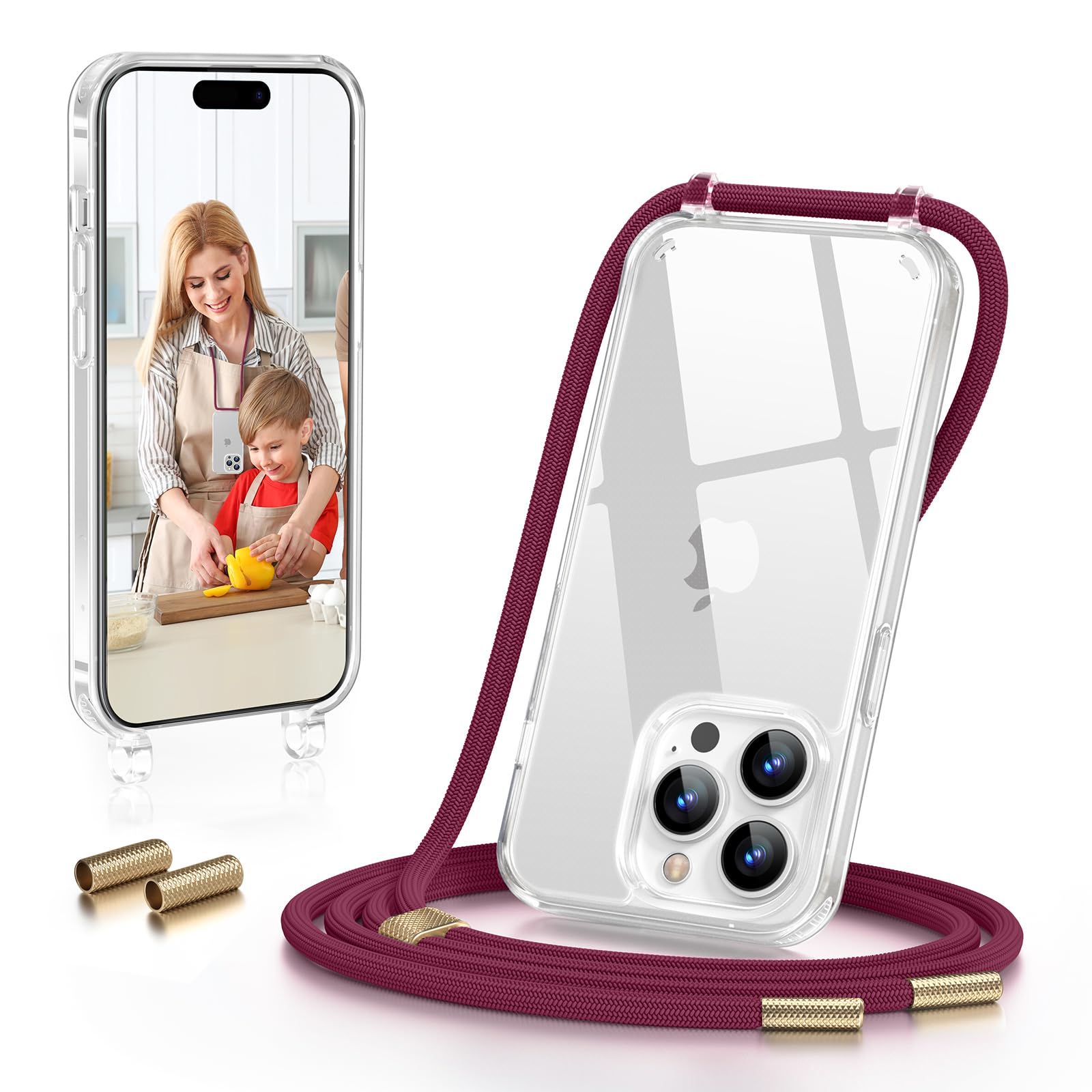 GOODVISH Cover Trasparente con Cordino per iPhone 14 Pro 6.1", Custodia con Regolabile Laccio Tracolla, [Antiurto] [AntiGraffio] [Antiscivolo] Case con Collana, Rosso vino - Vista 1