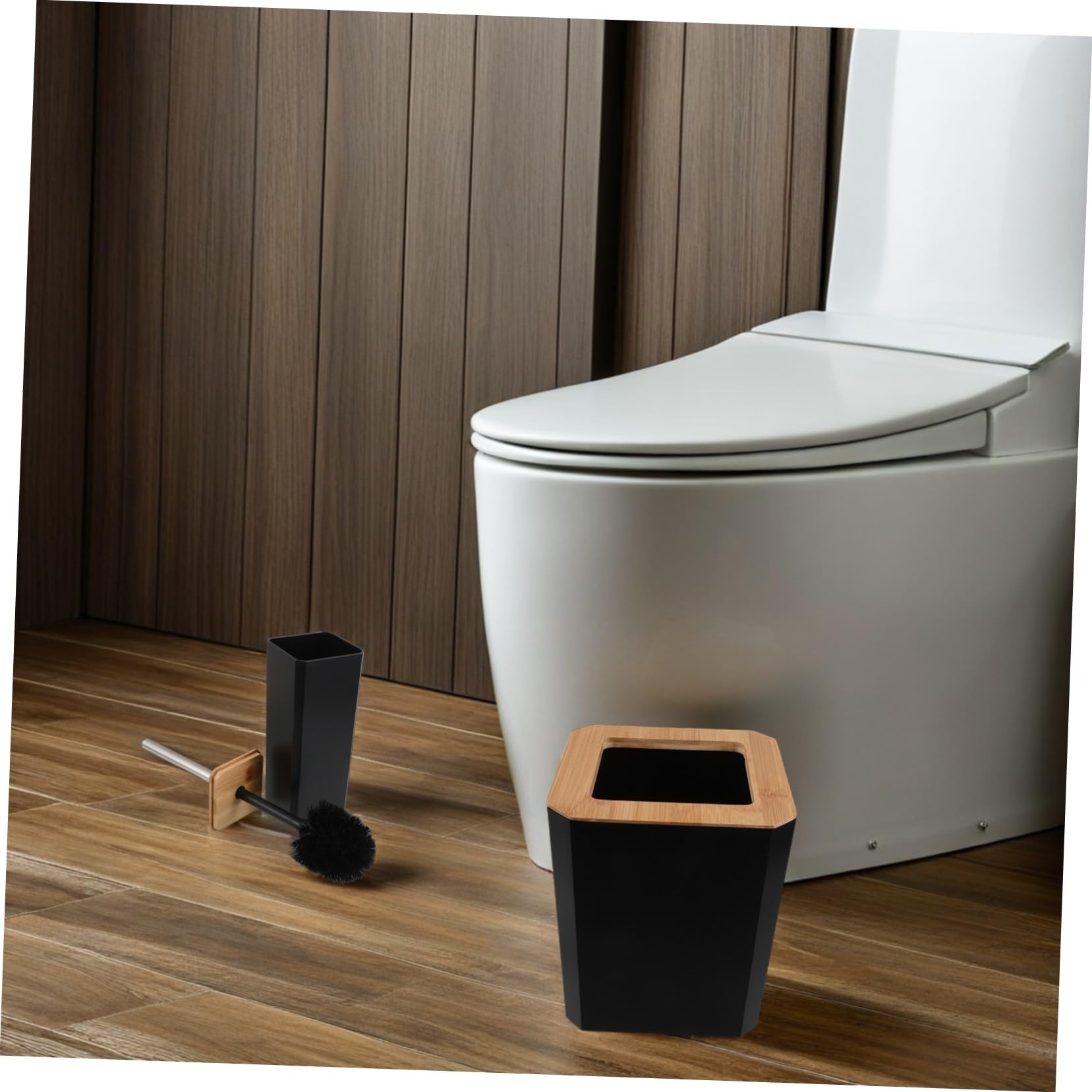 Set de Accesorios de Baño de Bambú Negro Dispensador de Jabón y Soporte para Cepillo de Dientes, Limpieza Fácil y Diseño Moderno para Hogar y Hotel
