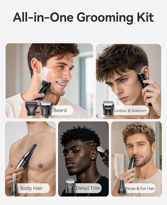 kensen Beard Trimmer for Men, 6-in-1 Electric Shaver and Hair Clipper | 6 Different Magnetic Interchangeable Heads, Dual Speed, Charging Base, IPX6 Waterproof, LED Display, Face/Beard/Head/Body Use