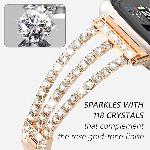 Miniatura 3 de Fullife Compatible con Fitbit Versa 3Fitbit Versa 4 con diamantes de cristal, correa de acero para Fitbit SenseFitbit Sense 2 para mujer, oro rosa