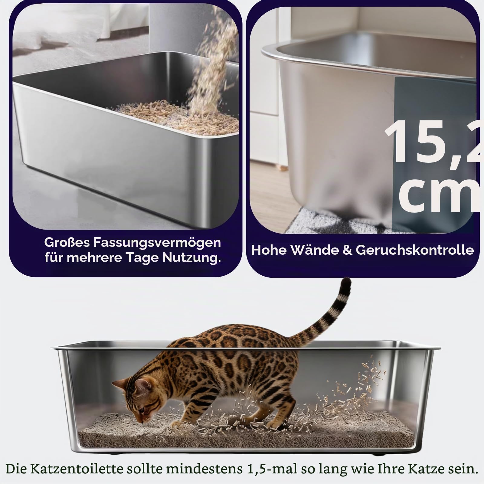 Edelstahl Katzentoilette 2er Set mit hohem Rand | geruchsneutral & leicht zu reinigen | rutschfeste Metallwanne für Katzen und Kleintiere, 50cm×35cm×15cm