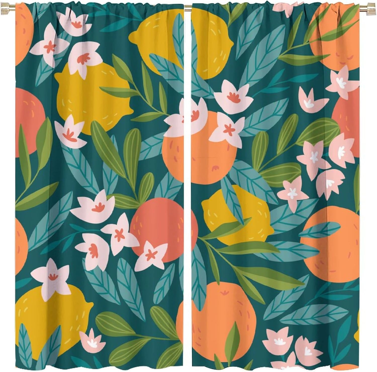 Fruits Curtains Orange Lemon Flower Green Leaves Plant Pattern Blackout Print Rod Pocket Window Drapes for Bedroom Living Room Kitchen 42x54in