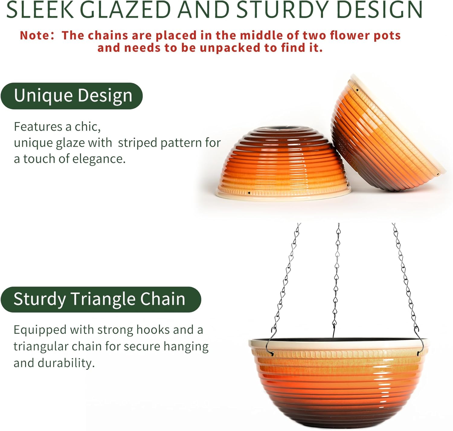 Vanslogreen 2 Pack Hanging Planters for Indoor Outdoor Plants, 10 Inch Hanging Planter with Drainage Hole & Plug Glazed Hanging Baskets Flower Pots for Garden Home, Orange