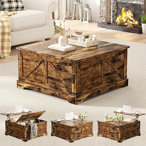 Vista 11 de Vabches - Mesa de centro elevable de 35.4 pulgadas, mesas de café cuadradas estilo granja con almacenamiento para sala de estar, mesa central