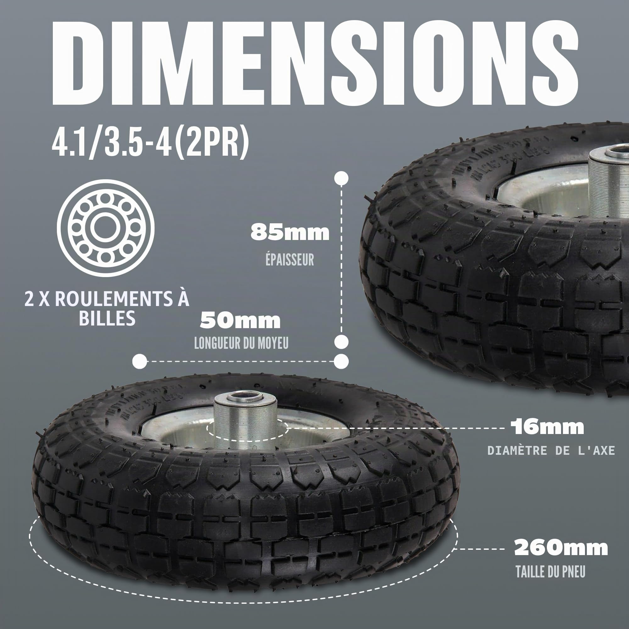 2 roues de remplacement pour brouette, diable ou chariot à main avec pneu noir 10 pouces (260 x 85 mm)