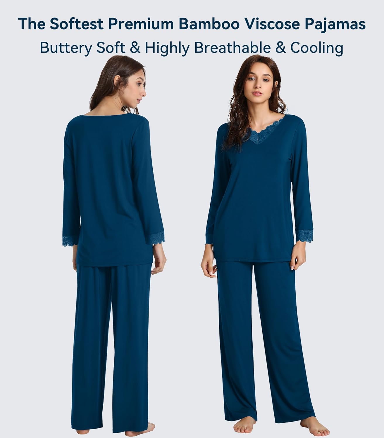 WiWi Bamboo Viscose Pajamas Sets for Women Lace Trim Long Sleeve Sleepwear Lounge Sets Plus Size Pjs with pockets S-4X - Image 3