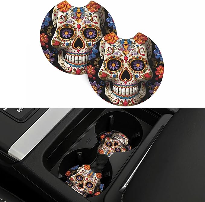 Car Coasters 2 Pack Sugar Skulls Car Cup Holder Coaster Absorbent Drink Coasters Auto Insert Cup Pads Non-Slip Coffee Cup Pads Rubber Car Cup Mat Car Interior Accessories for Most Vehicle