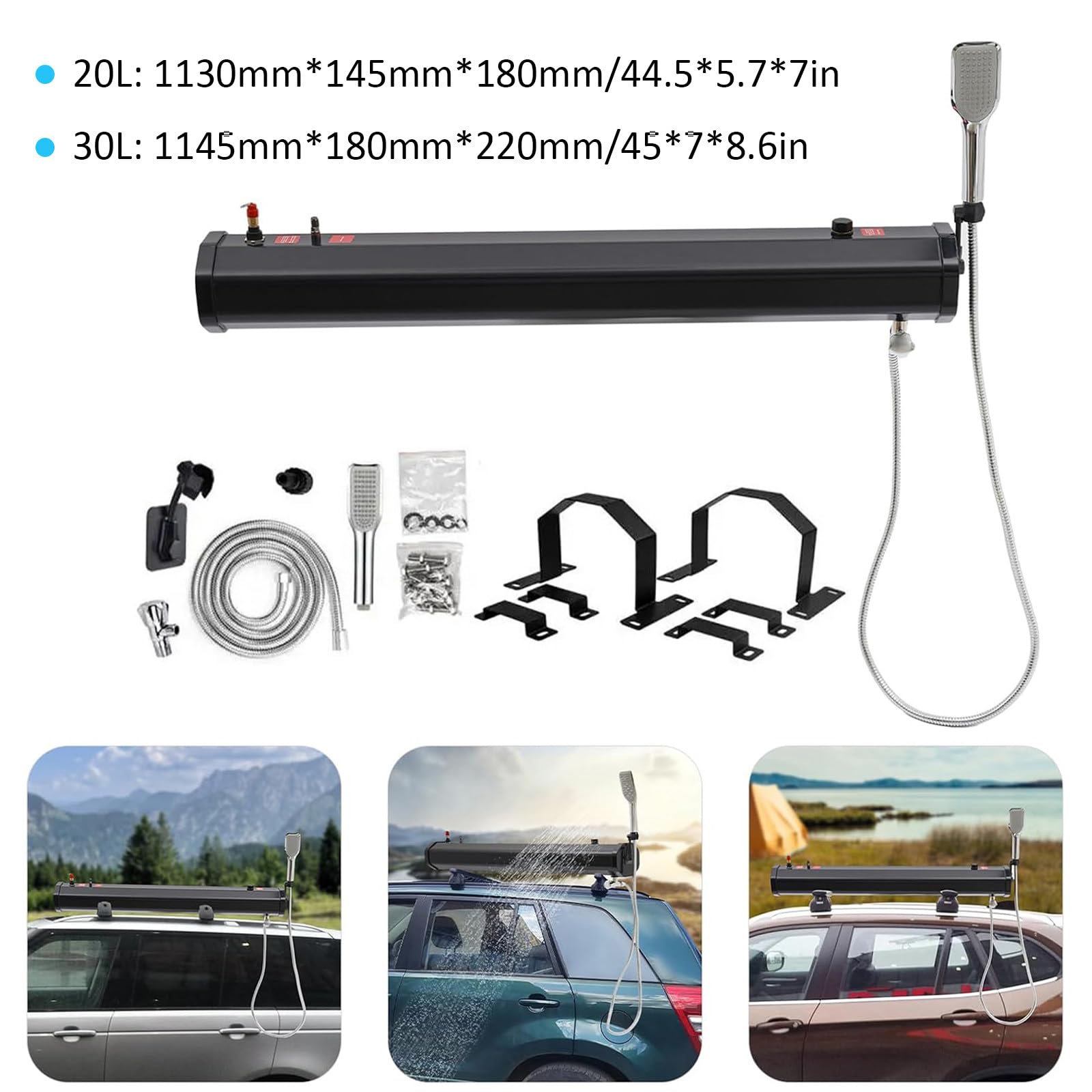 Ducha portátil para Camping, Ducha Solar de Techo de 20/30 L, Tanque de Agua para Exteriores con Manguera y Cabezal de Ducha, para Camiones, vehículos Todoterreno, autocaravanas y SUV 30L