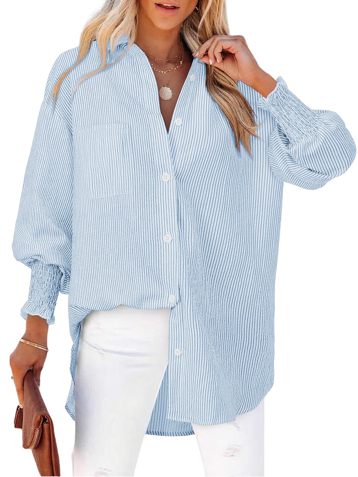 Cuptacc Bluse Damen Langarm Gestreift Button-Down Shirts Mit Kragen Lockere Passform Hemdbluse Gesmokten Stulpe Lässige Brusttasche Blusen Blau Streifen M