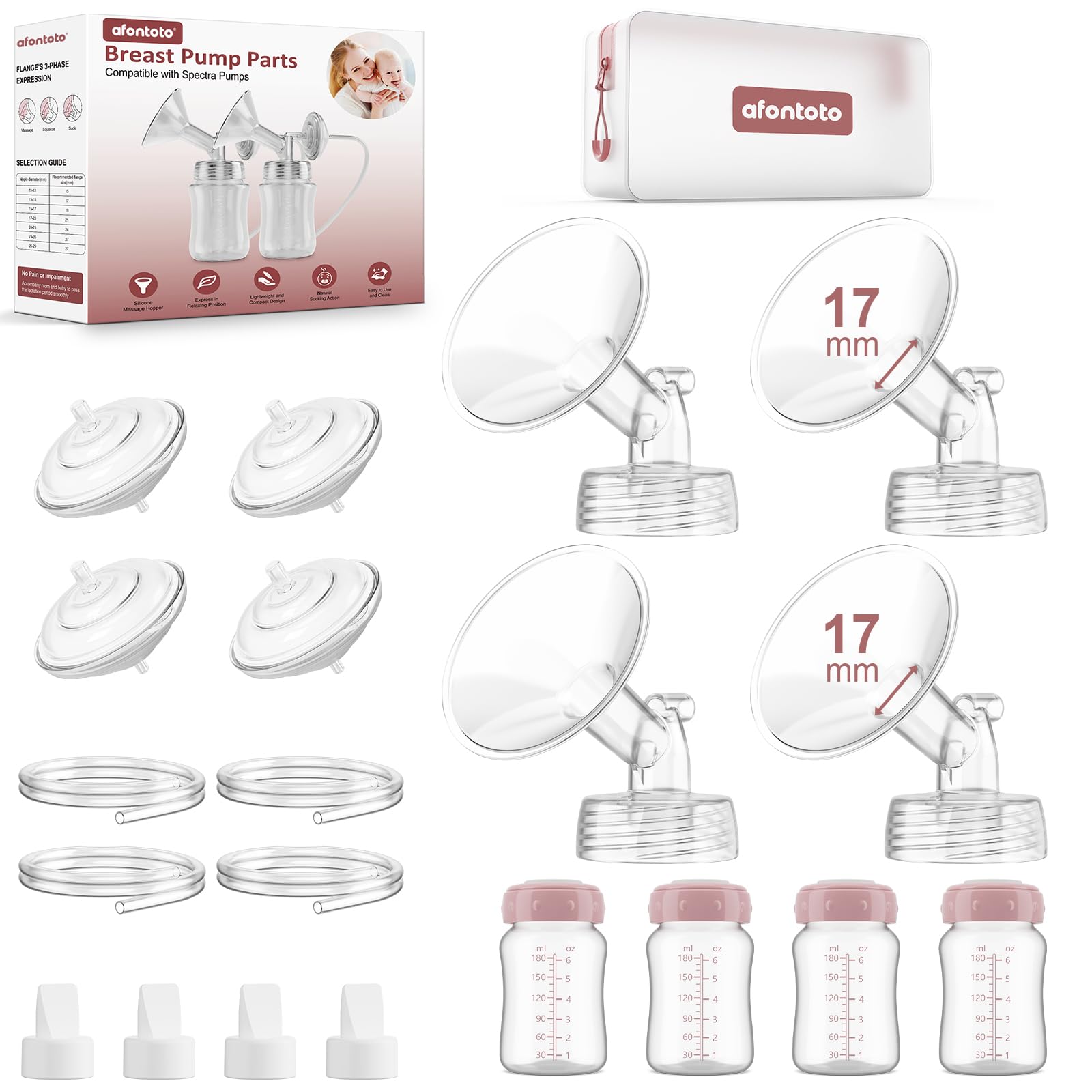 Pump Parts Compatible with Spectra S1/S2/9 Plus Breastpump, 4 Set Replacement Parts for Spectra Include 17mm Flange,Duckbill Valve,Backflow Protector,Tube,Bottle, Not Original Accessories-image-13
