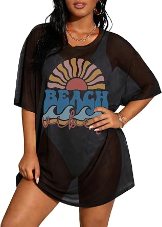 BLANCHES Plus Size Bathing Suit Cover Up for Women Sheer Mesh Split Thigh Swimsuit Bikini Cover Up Swimwear Beach Outfits