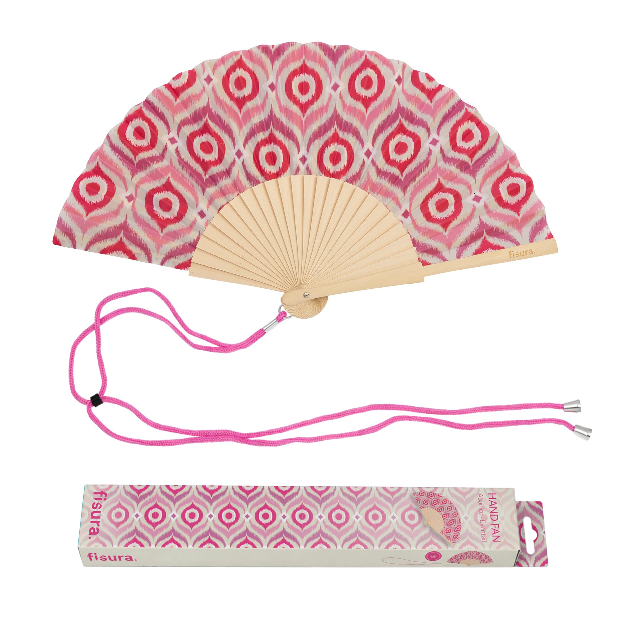 Fisura – Original Tribal Print Folding Fan, Modern and Colourful Folding Handheld Fan, Pink Design for Wedding, Rave, Festival - Includes Strap. Size: 42.5 x 23 cm