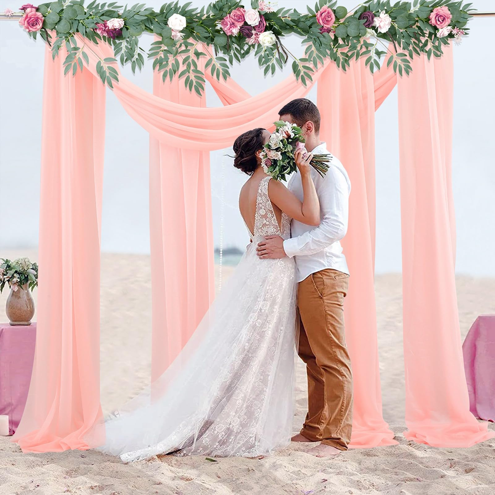 PRTECY 2 Panel Wedding Arch Draping Fabric,2.46x19.68 FT Stretch Yarn Chiffon Drapery Ceiling Sheer Backdrop Curtain for Wedding Party Ceremony Stage Swag(Pink)