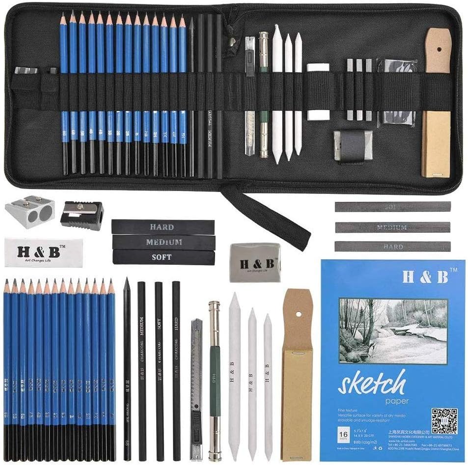 35pcs Drawing and Sketching Pencil Set, Professional Sketch Pencils Set in Zipper Carry Case, Art Supplies Drawing Kit with Graphite Charcoal Sticks Tool Sketch book for Adults Kids