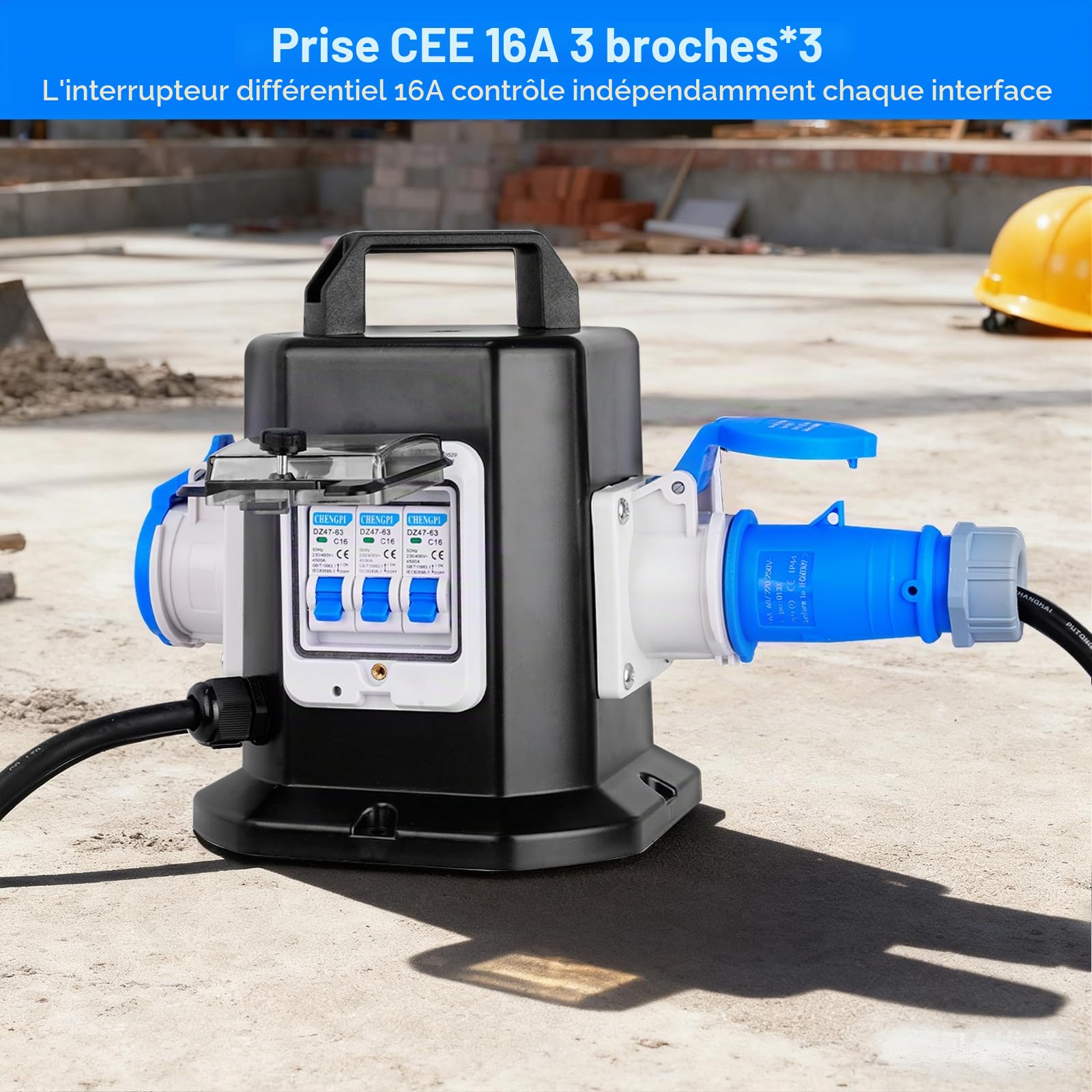 Coffret Électrique de Chantier avec Disjoncteur,Distributeur D'alimentation Portable avec Schuko Socket 250V/16A/3 Pôles,Distributeur IP45 Étanche - idéal pour la Construction et L'extérieur