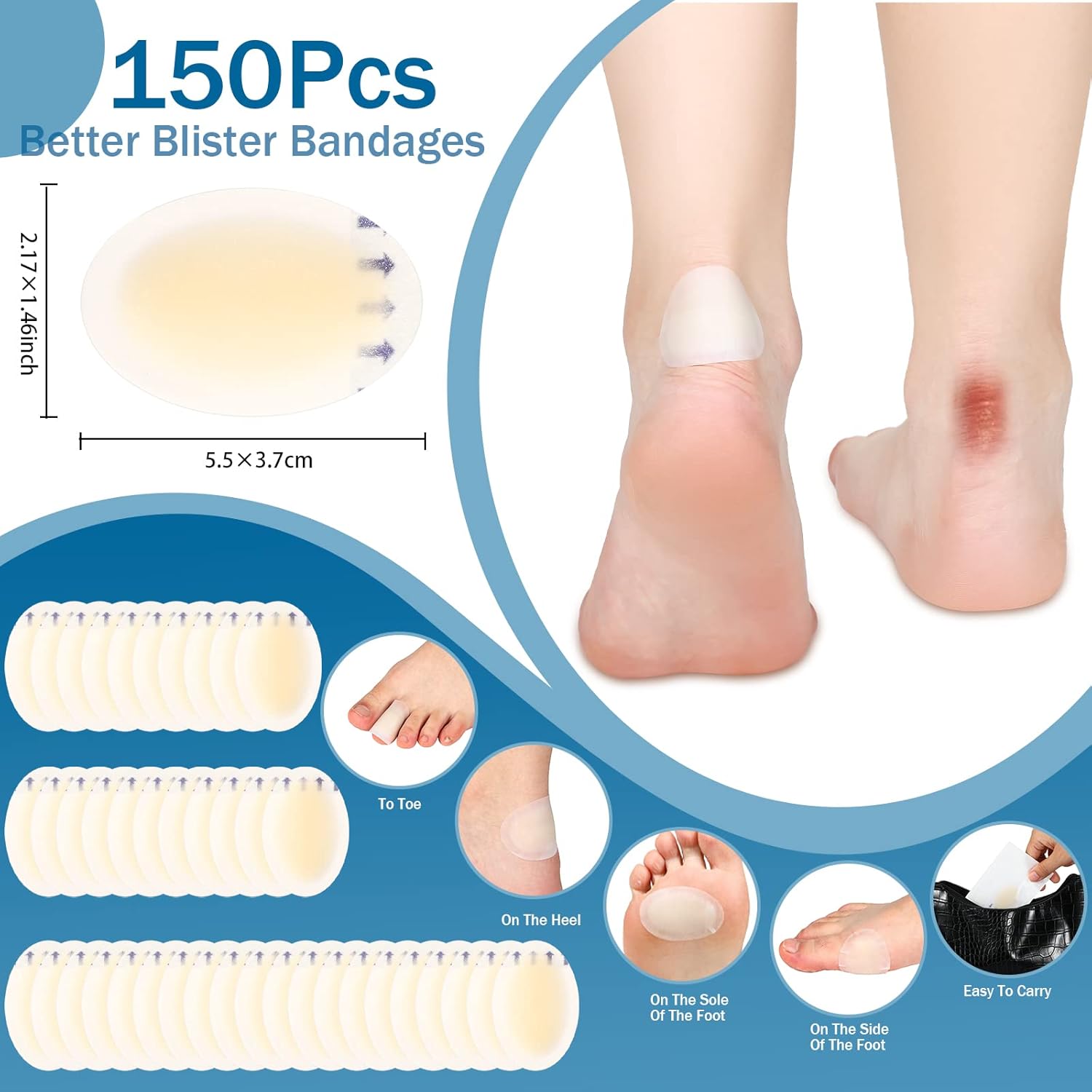 Tarpop 150 Pcs Blister Bandages for Feet, Waterproof Hydrocolloid Gel Pads, Hydrocolloid Bandages, Adhesive Feet Cushions for Heel, Toe, Finger Protection, Blister Prevention Patches(Oval) - Image 2