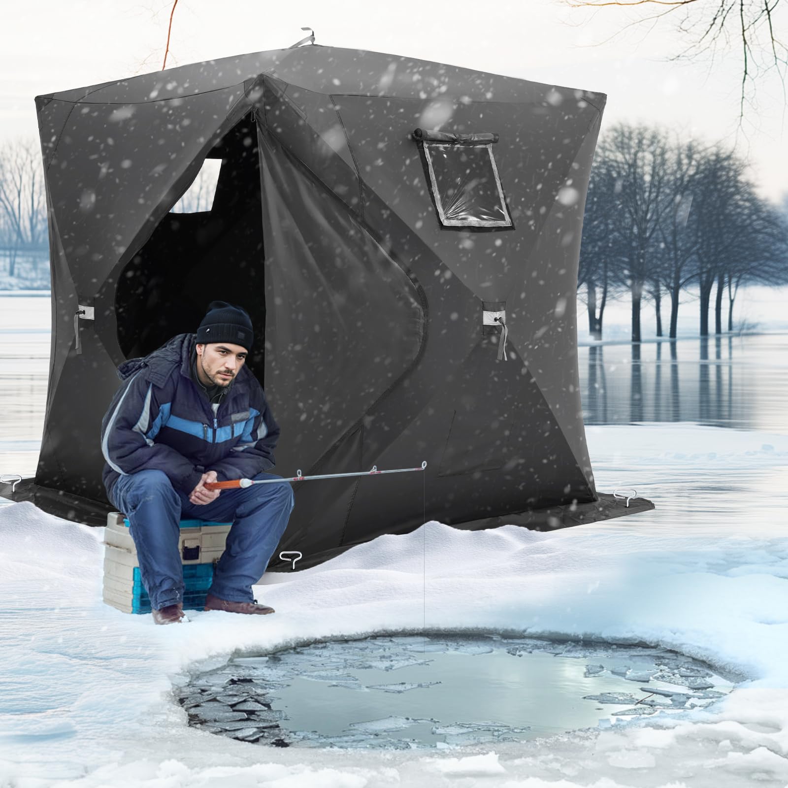 VEVOR Tente de pêche à glace portable pop-up pour 1 à 8 personnes, abri à glace isolé, grande zone de pêche, bidon de glace style hub pour la pêche d'hiver, cube de glace Oxford imperméable avec