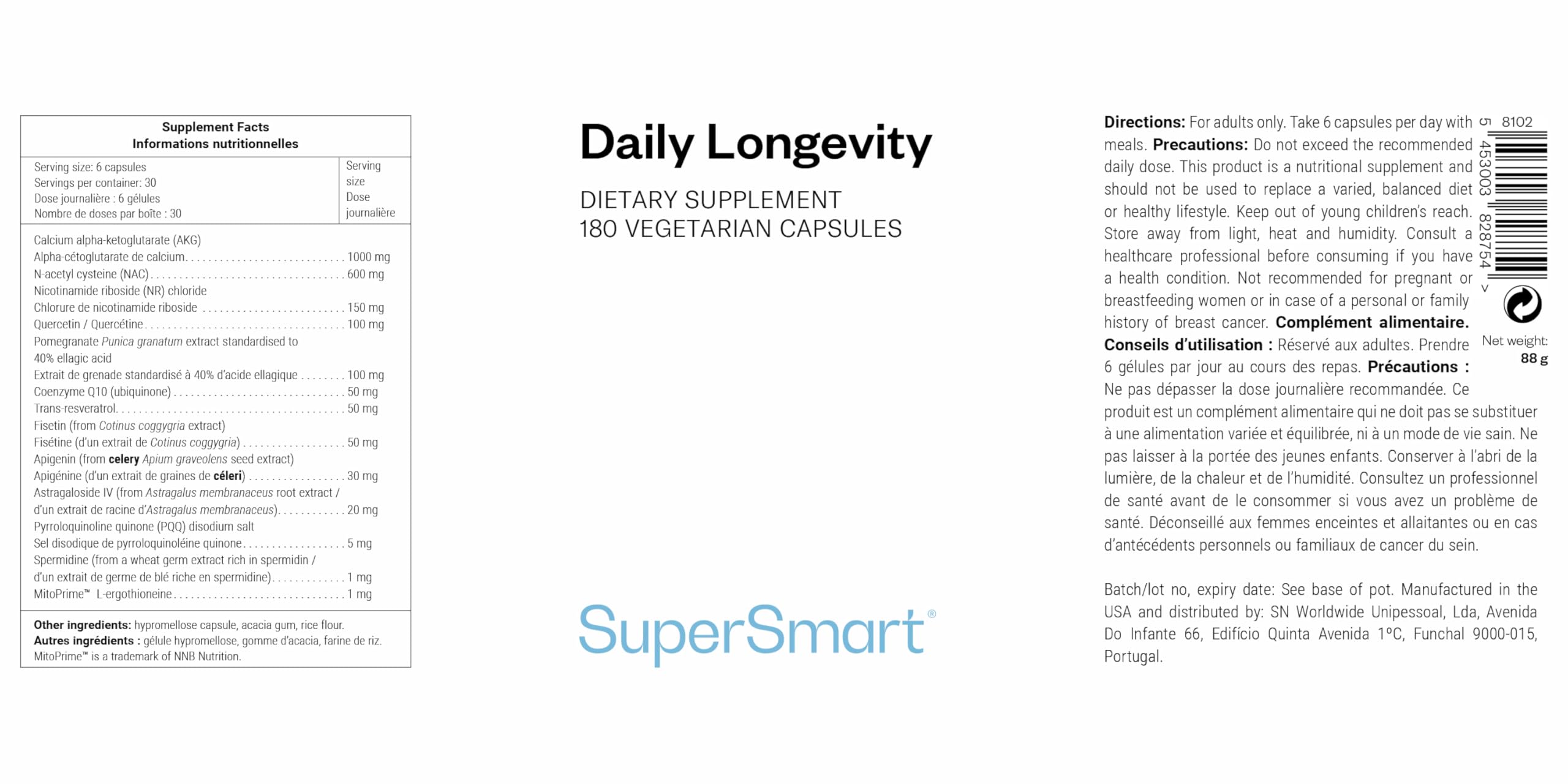 Daily Longevity - Complément Alimentaire Anti-Âge Tout-En-Un - SuperSmart | Énergie et Longévité Cellulaire - PQQ, CoQ10, NAC, Quercétine, Fisétine, Trans-Resvératrol - 180 Gélules Véganes