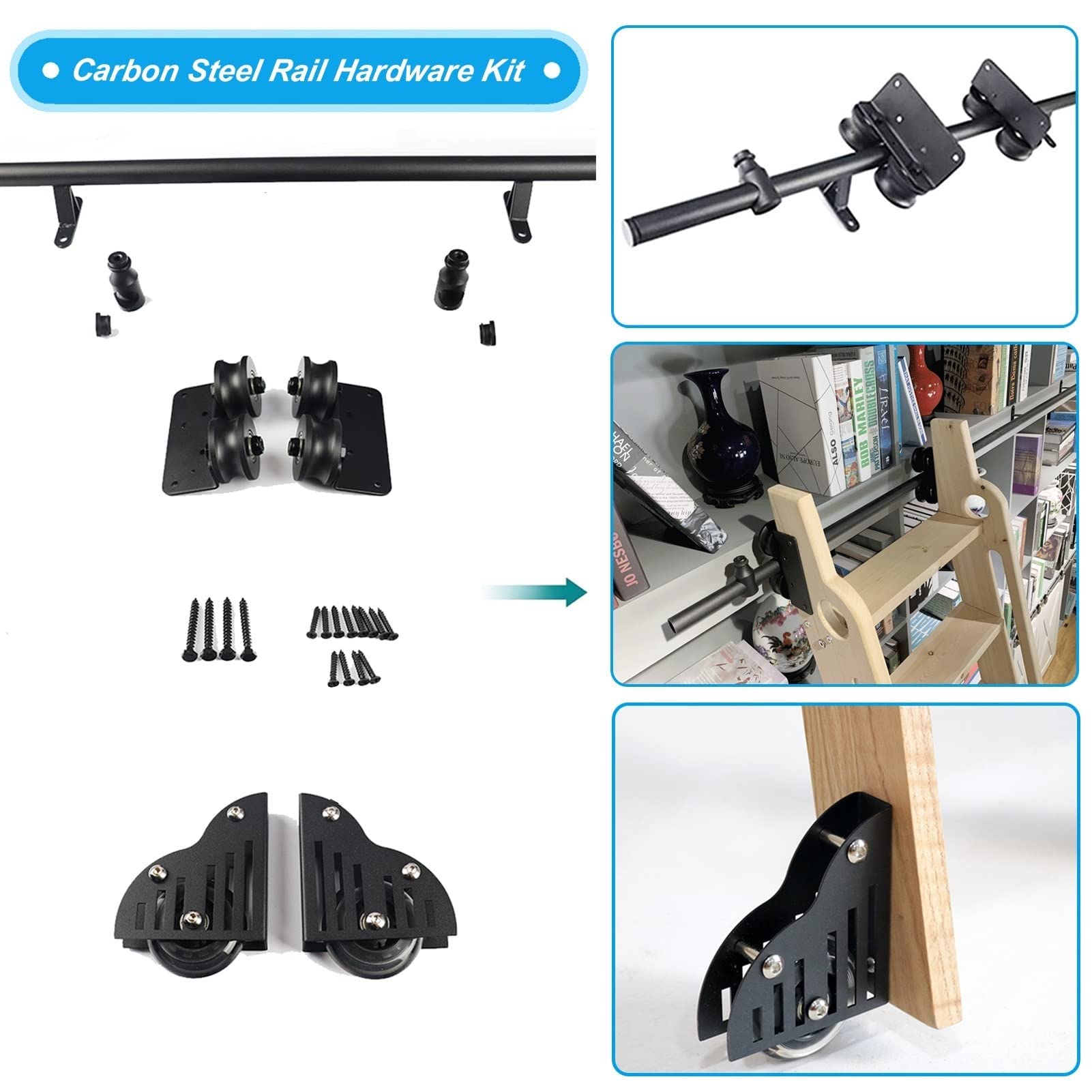 Schiebeleiter-Hardware-Kit, Rollleiter-Hardware mit Bodenrädern und Bremsen, Karbonstahlschiene, einfache Installation, perfekt für Bibliotheken und Heimgebrauch