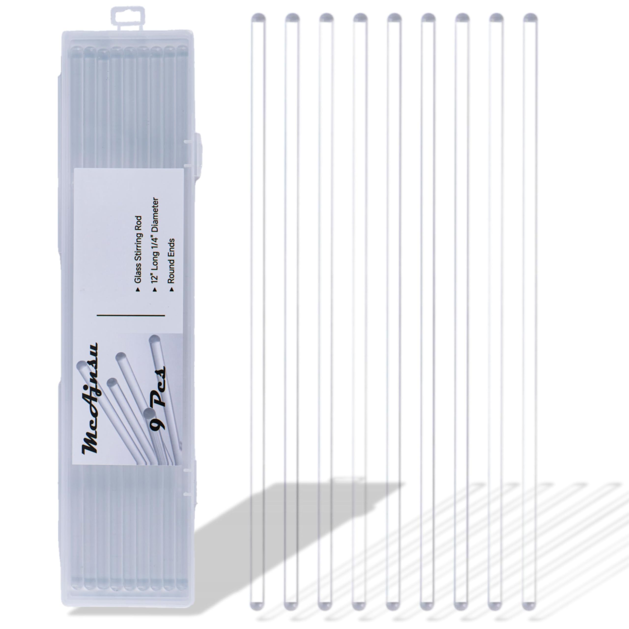 9Pcs Borosilicate Glass Stirring Rods 12" Long 1/4" Diameter Round Ends for Lab/Classroom/Home Use