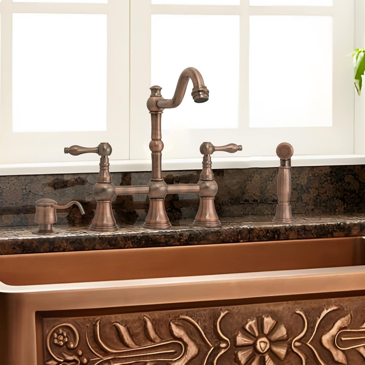 Akicon Soap Dispenser for Kitchen Sink, Brass Body Refill from Top, Built in Design with Large Liquid Soap 17 OZ Bottle, Kitchen Countertop Soap Dispenser