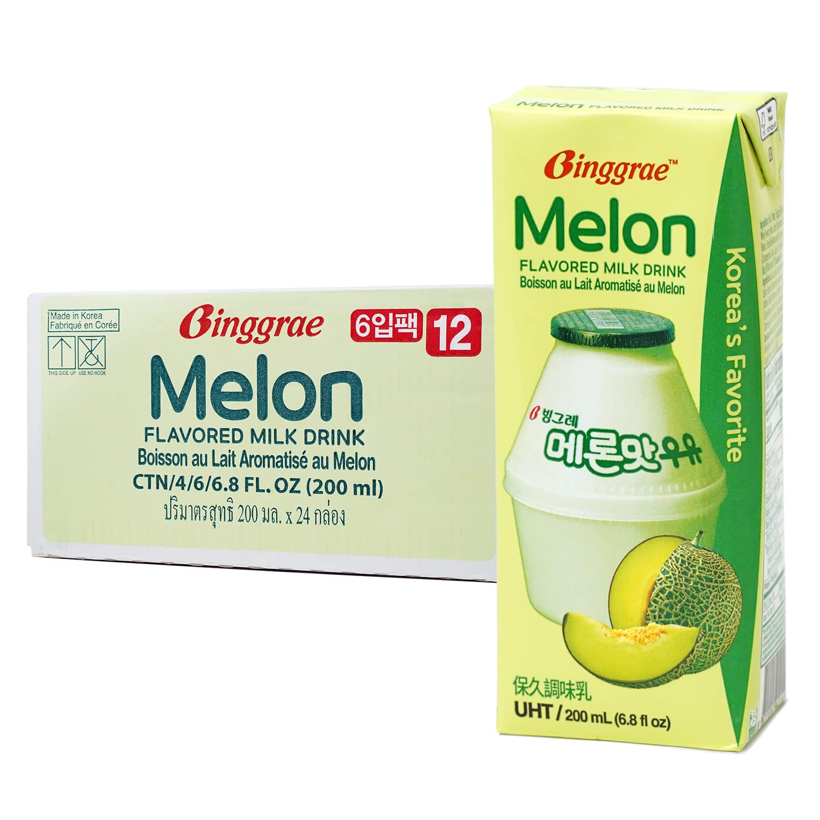 Binggrae Melon Flavored Milk Drink – Sweet and Creamy Korean Shelf-Stable Beverage – 6.8 fl oz Cartons – Pack of 24