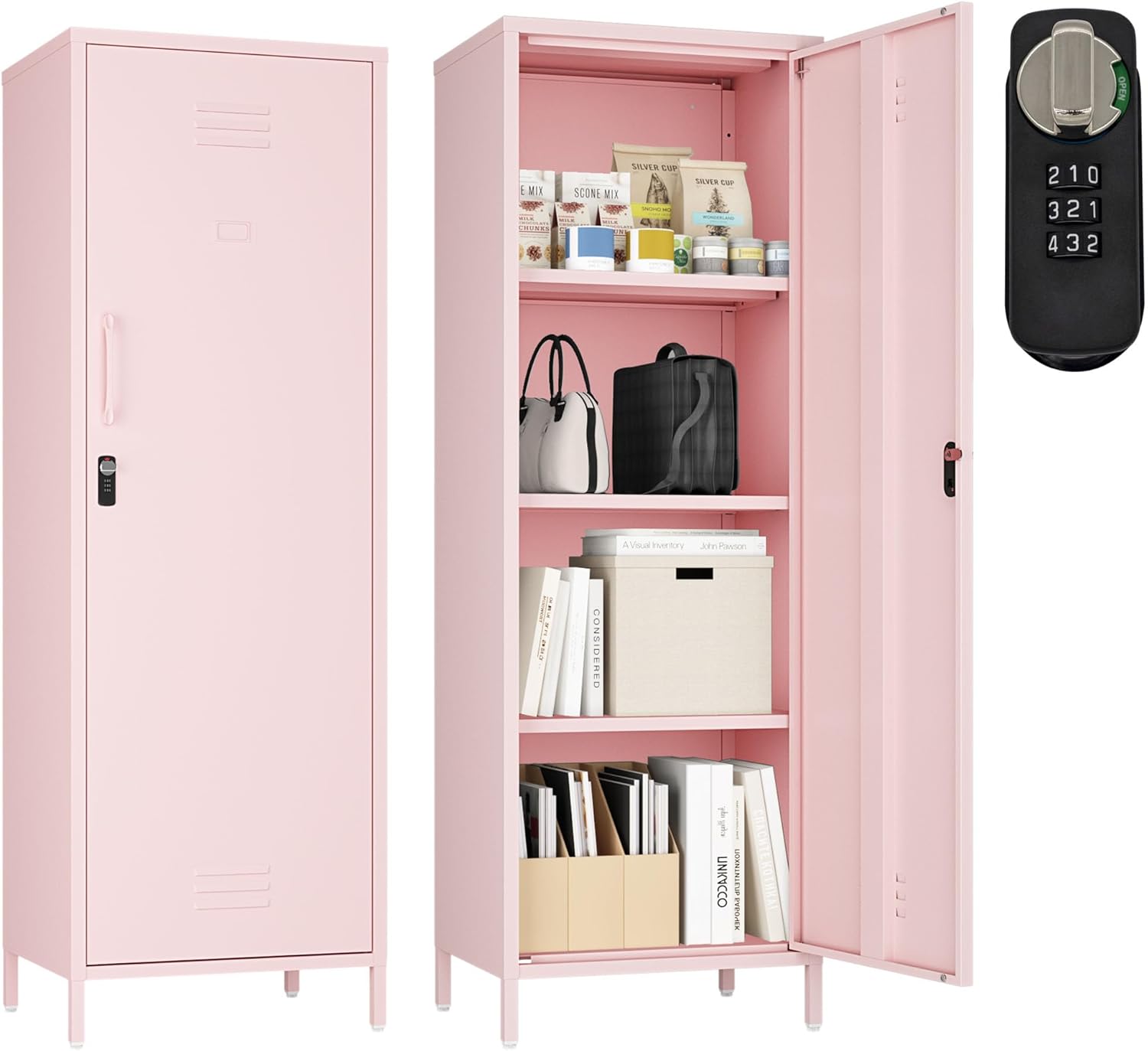 metal storage cabinet, steel file locker with 3 shelves 59.06-inch high for school, living room, bedroom, office (pink) metal door pink