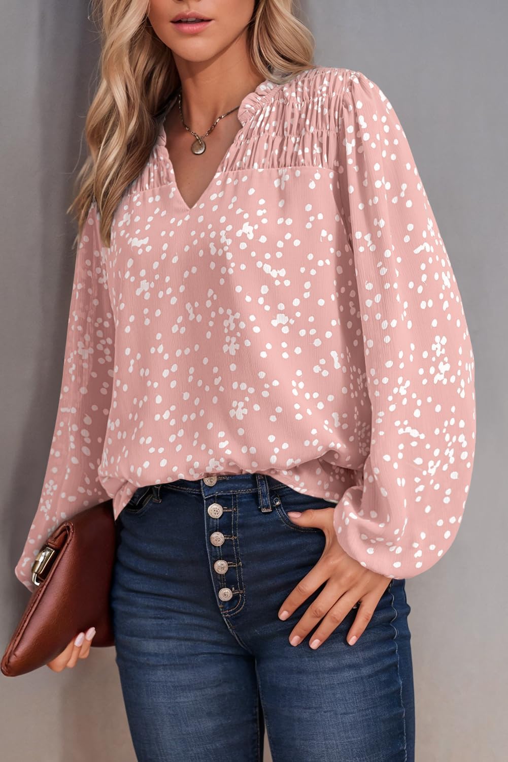 Dokotoo Women's Casual V Neck Alicia Floral Print Smocked Long Sleeve Chiffon Blouses Bohemian Top Shirts - Image 2