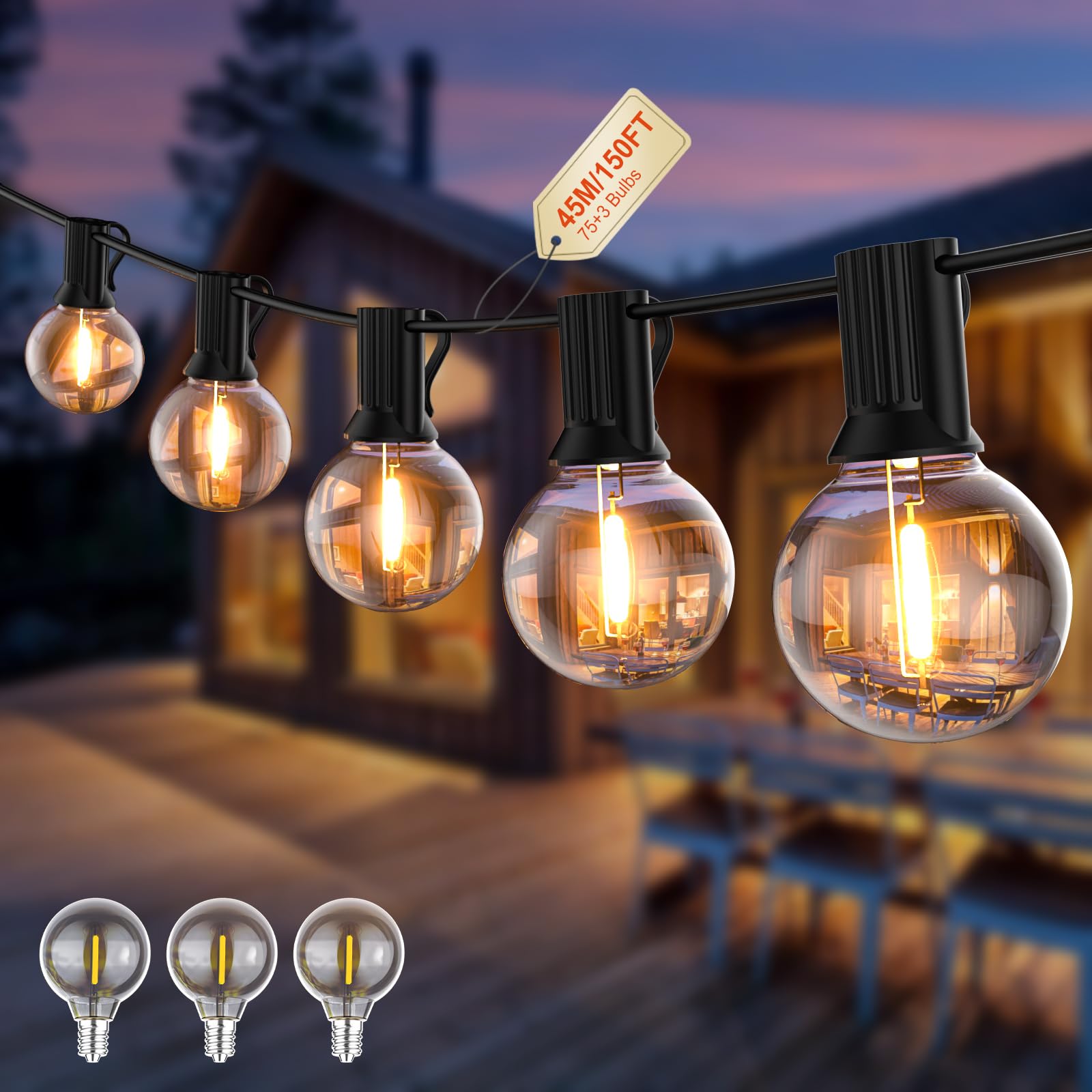 Pogestrand Luci Da Esterno Giardino G40 45M Festoon Lights Alimentazione LED 24V Con 75 Lampadine Infrangibili Impermeabile Per Patio Giardino Balcone Gazebo Pergola Portico