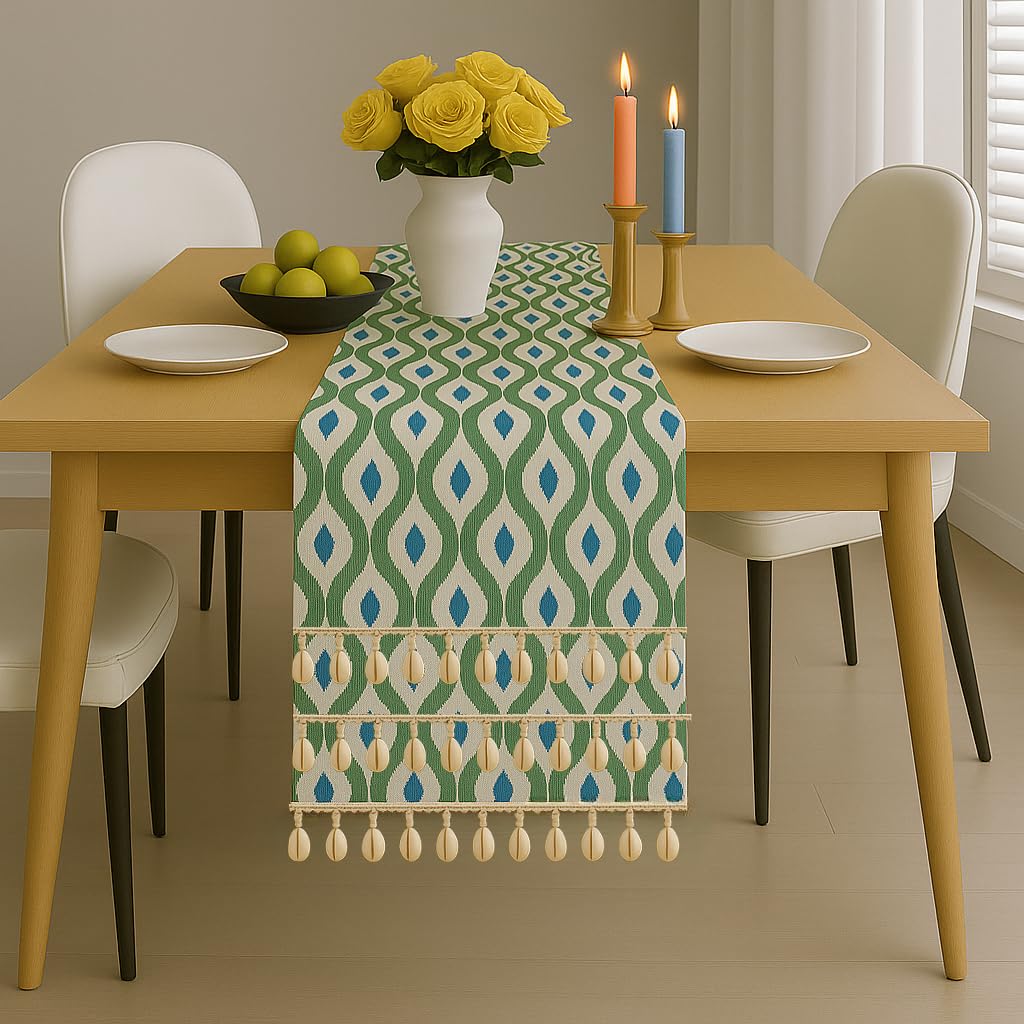 WWW.THROWPILLOW.IN Azure Ikat Print Boho Table Runner with Tassels & Kowri 13x120 Inch| Fits 9 Feet TV Unit, Center Table, Coffee Table, Dining Table, Dresser, Entry Console|Living Room Diwali Decor 1