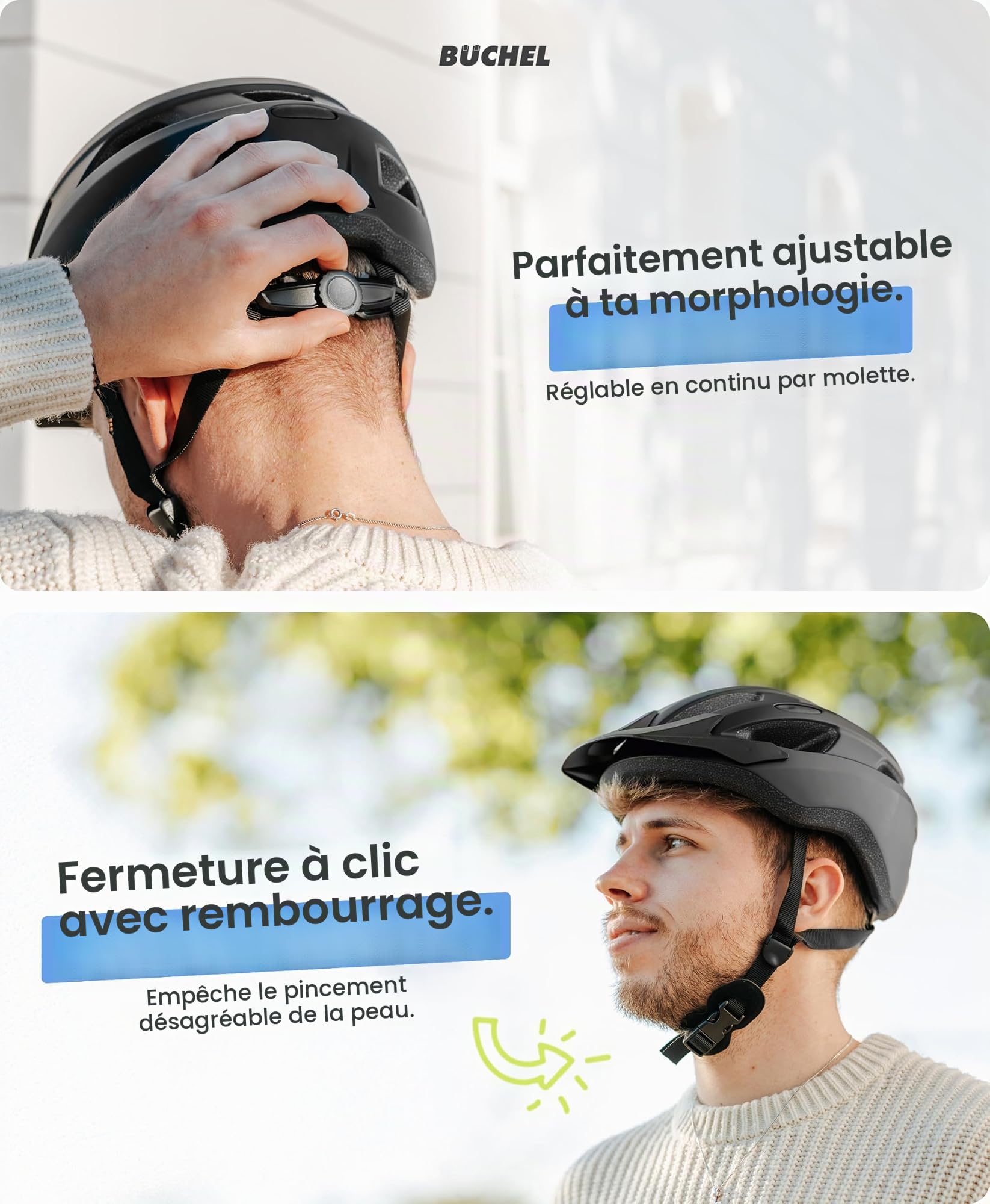 BÜCHEL Casque Velo Homme, Femme, Enfants - Casque Velo avec Technologie in-Mould & Cam Lock - Rembourrage au Menton et Filet Anti-Mouches Lavable - Casque VTT 52 à 57 cm et 58 à 61 cm