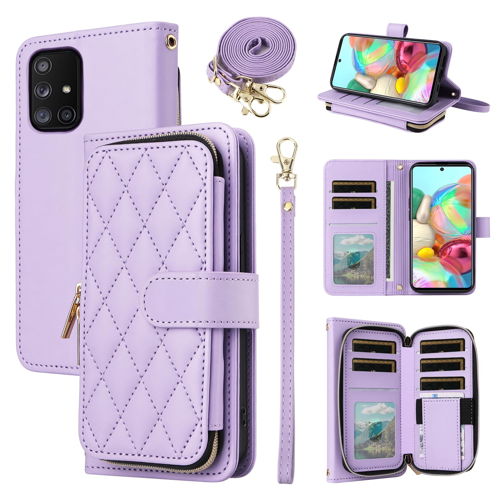 Furiet Argyle Wallet Case for Samsung Galaxy A71 5G with Wrist Strap Shoulder Strap 9+ Card Slots Zipper Purse, Luxury PU Leather Stand Checkered Cell