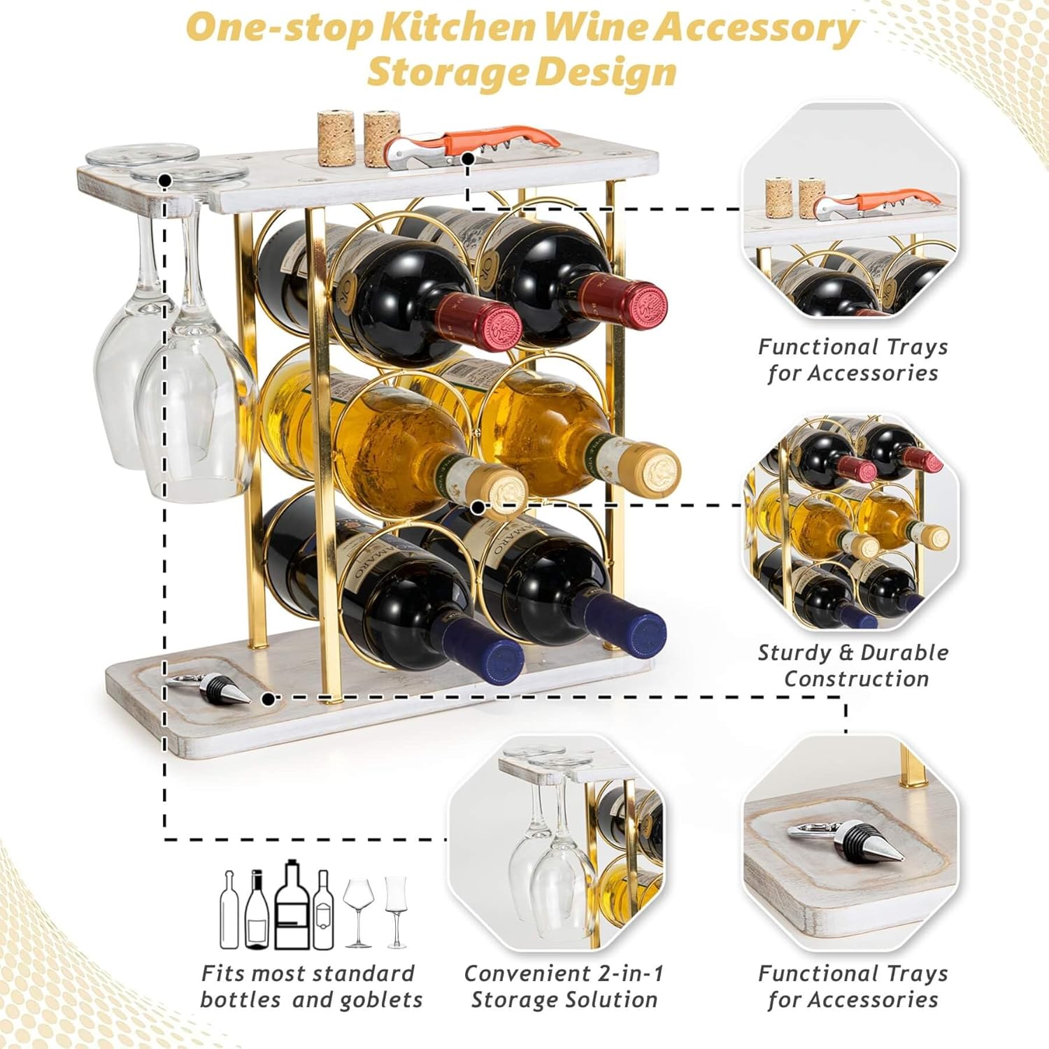 Gold Wine Rack with Glass Holder, Countertop Wooden Wine Holder for 6 Bottles & 2 Glasses, Includes Storage Trays for Corks & Openers – Perfect White & Gold Wine Display for Home Bar & Kitchen Decor