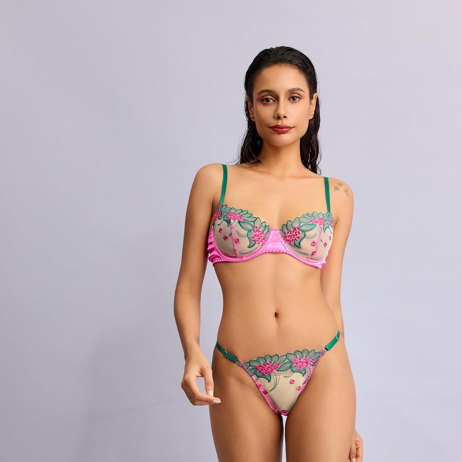 Floral Embroidered Mesh Bra and Thong Lingerie Set for Women