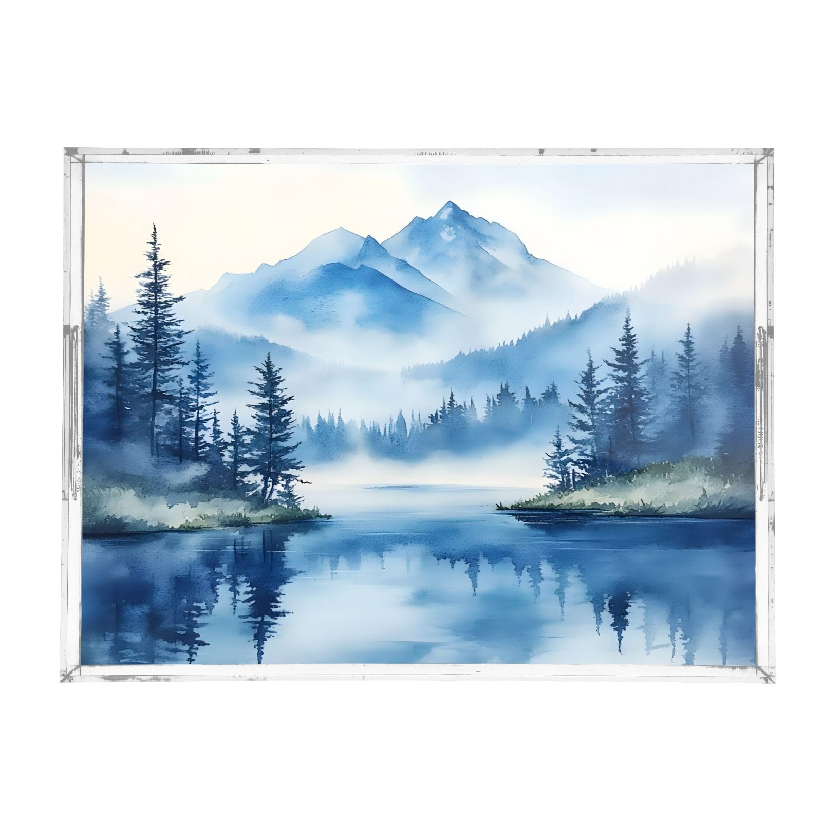 BOESI Watercolor Mountain Landscape Pattern Acrylic Decorative Dining Tray, Acrylic Decorative Tray Organizer with Handle for Kitchen, Dining Room, Bathroom, Dresser