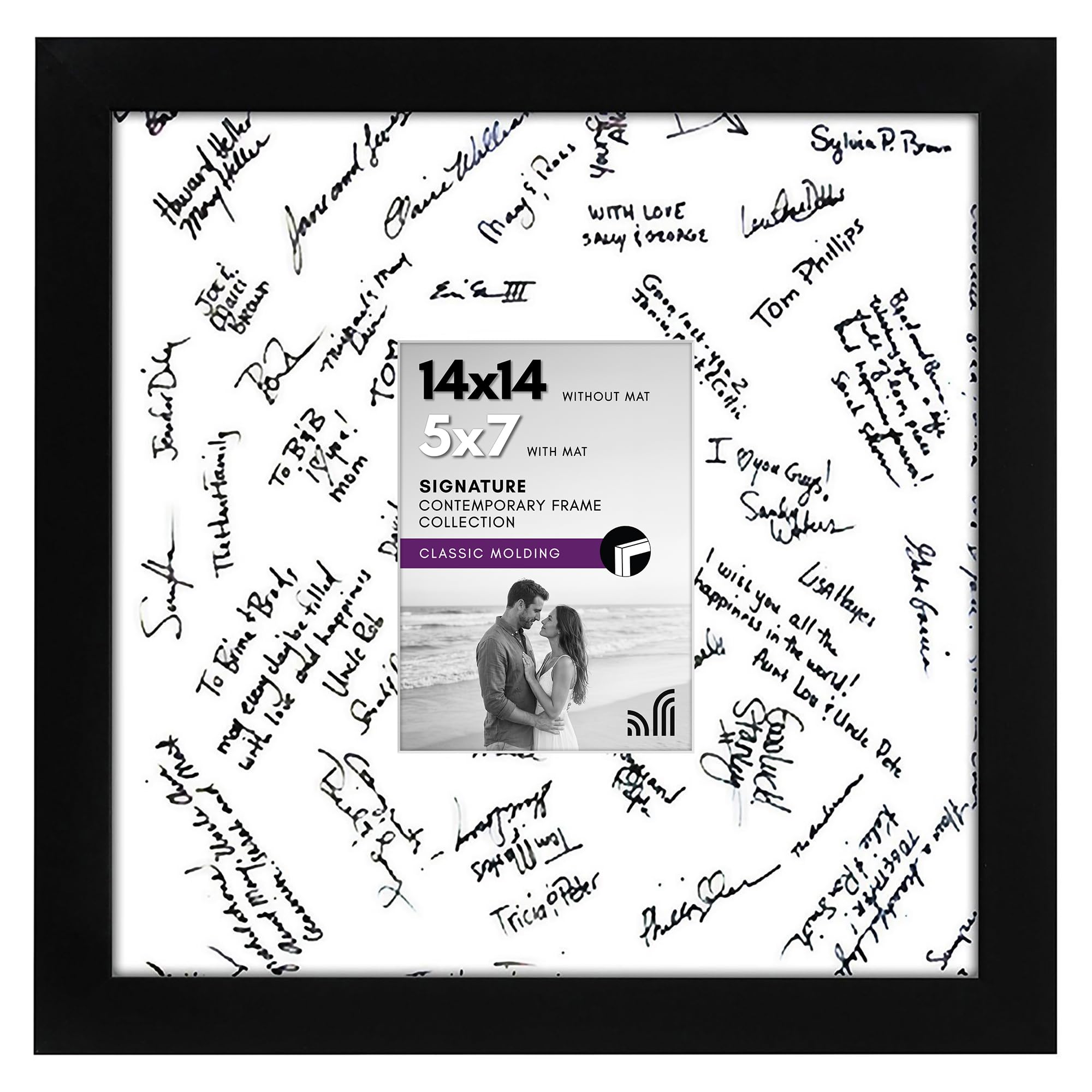 Americanflat 14x14 Wedding Signature Picture Frame - Display Pictures 5x7 or 14x14 without Mat - Made with Glass