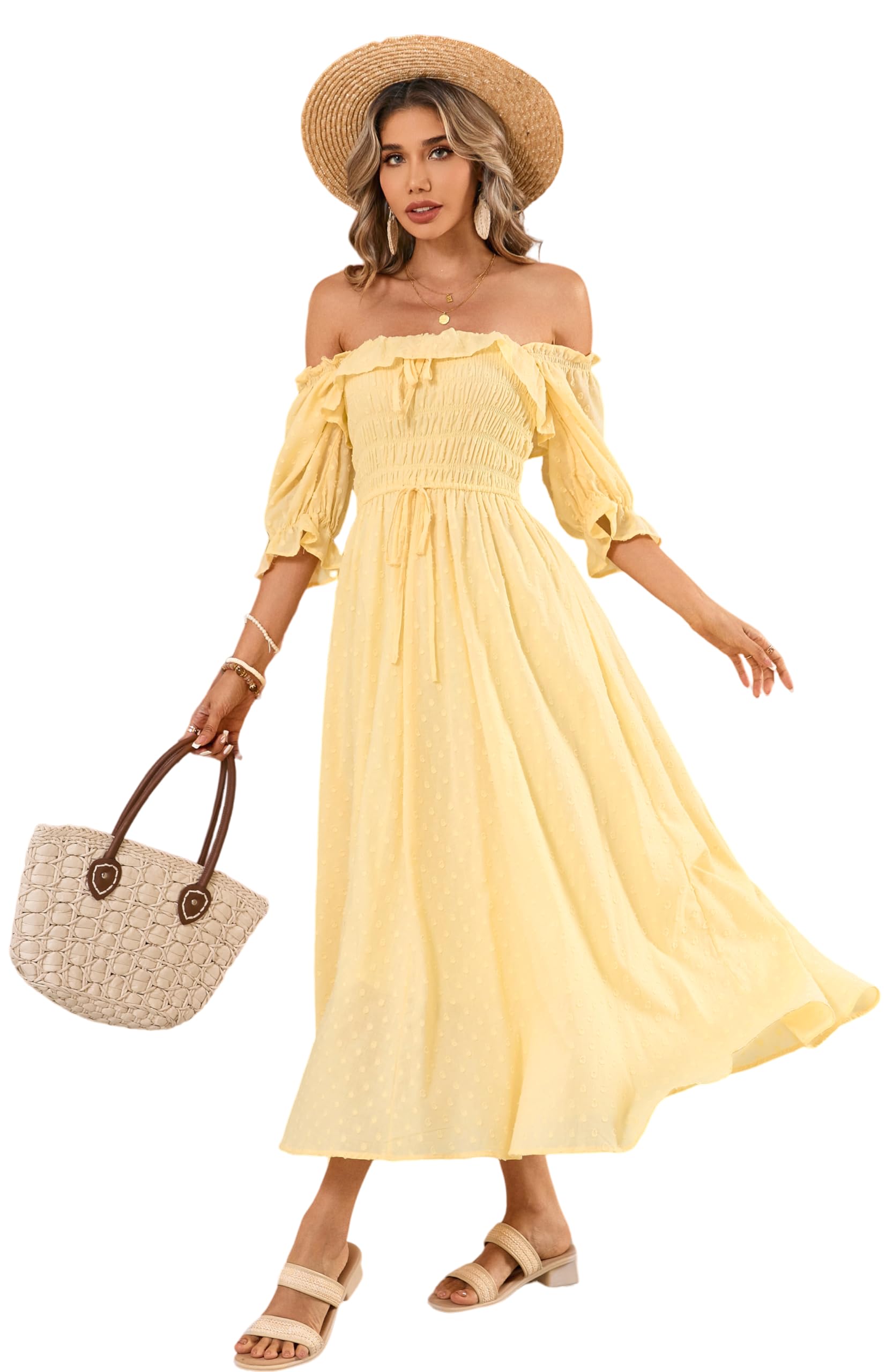 R.Vivimos Women Summer Half Sleeve Cotton Ruffled Vintage Elegant Backless A Line Flowy Long Dresses X-Large Lightyellow#2