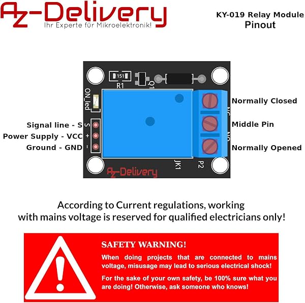 AZDelivery 5 x 1 Channel Relay Module 5V KY-019 High Level Trigger Compatible with Arduino and Raspberry Pi Including E-Book! - 5
