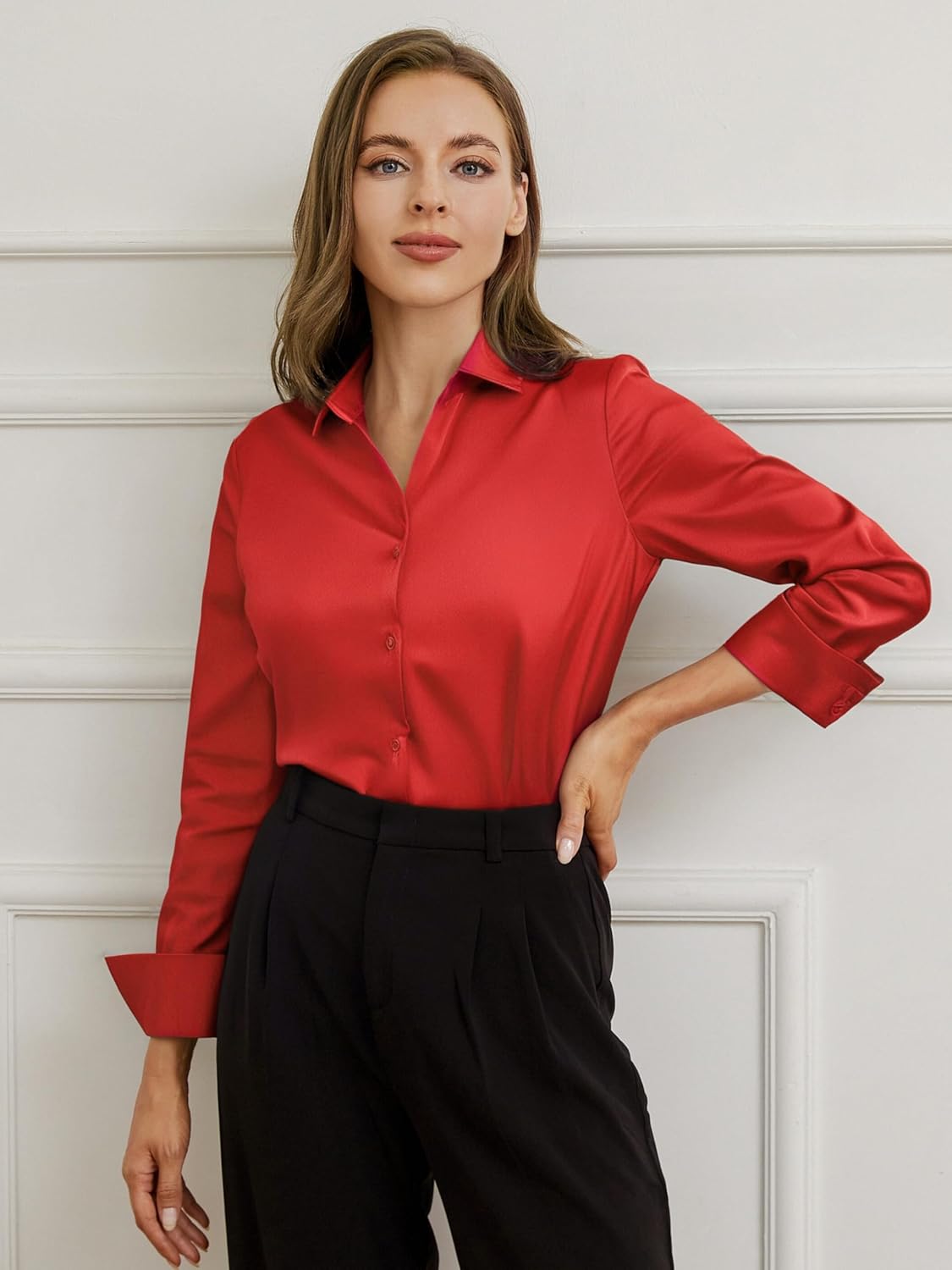 Damipow Satin Silk Button Down Shirts for Women Dress Shirts Long Sleeve Blouses Womens Shirts - Image 3