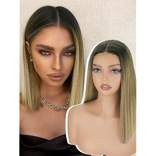 NOSTALGIA Ombre Blonde Synthetic Lace Front Wig with Black Roots Pre Cut Glueless Middle Part Short Straight Wig For Women Pre Plucked Hairline for Party and Daily Use 14 Inch