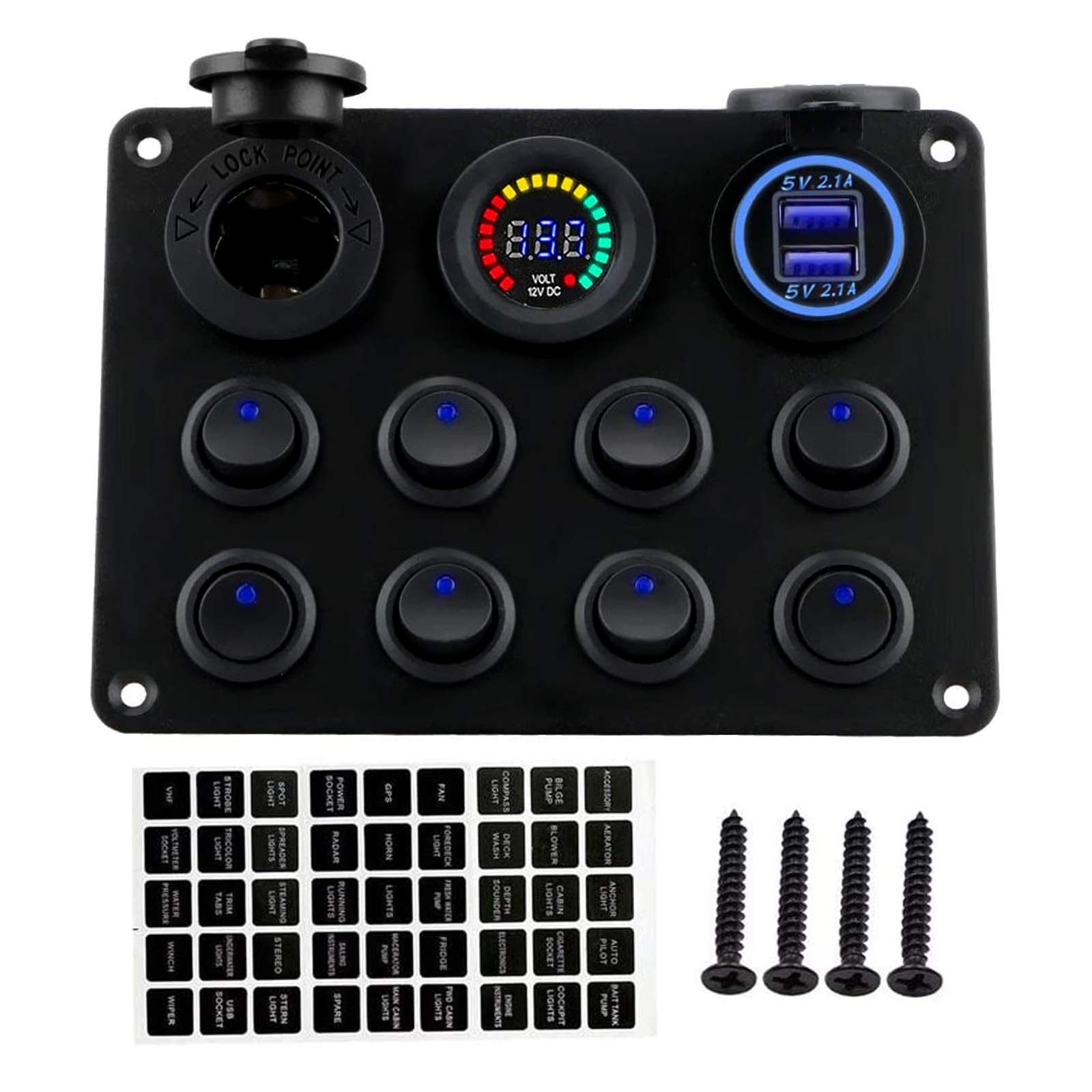 RUIZHI 8 Gang Pannello Interruttori a bilanciere 12-24V Doppio Caricatore USB Presa con Voltmetro a LED Rocker Switch Panel per Barca Auto